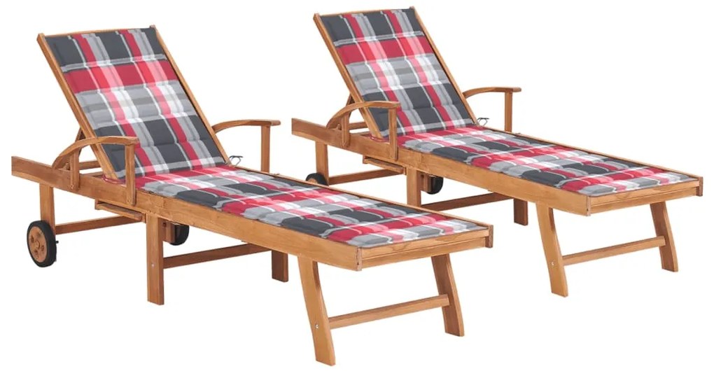 vidaXL Espreguiçadeiras 2 pcs c/ almofadão xadrez vermelho teca maciça