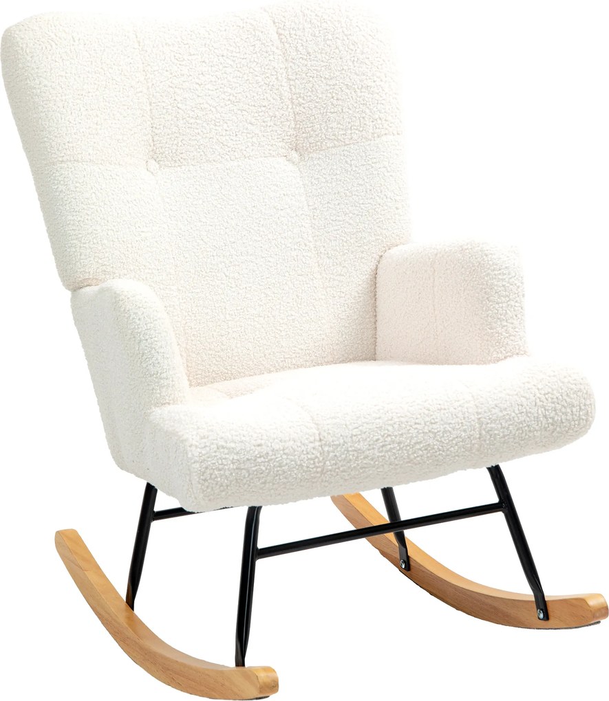 Poltrona Baloiço em Borrego Poltrona para Amamentação com Encosto Capitonê e Base de Madeira 65x88x87 cm Creme