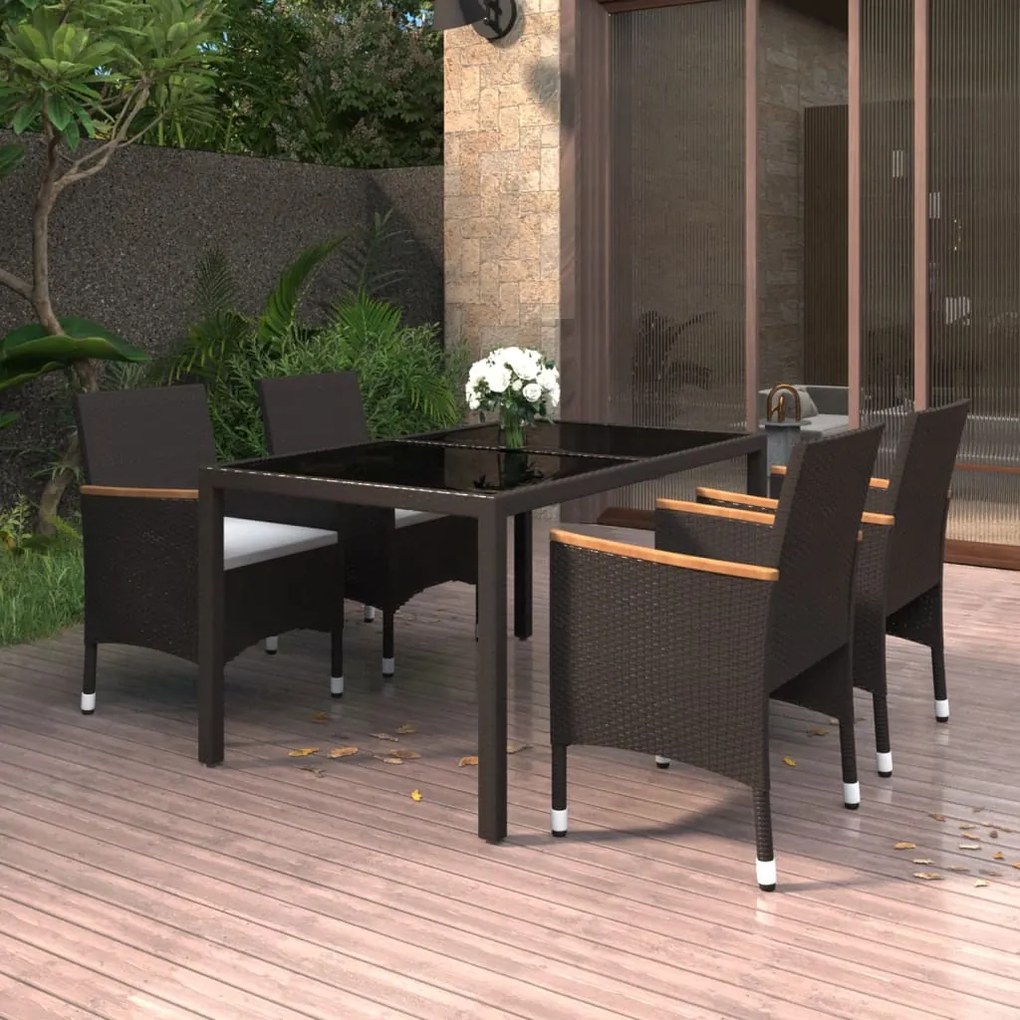 vidaXL 5 pcs conjunto jantar p/ jardim vime PE e vidro temperado preto