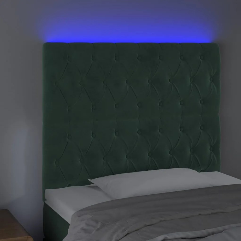 Cabeceira de cama c/ LED veludo 100x7x118/128 cm verde-escuro