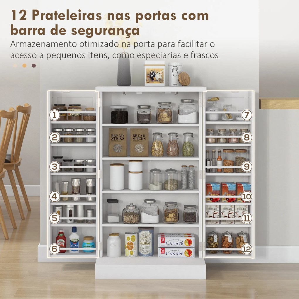 Armário de Cozinha Despensa Cozinha com 2 Portas 16 Prateleiras Aparador Moderno 60x30x104 cm Branco