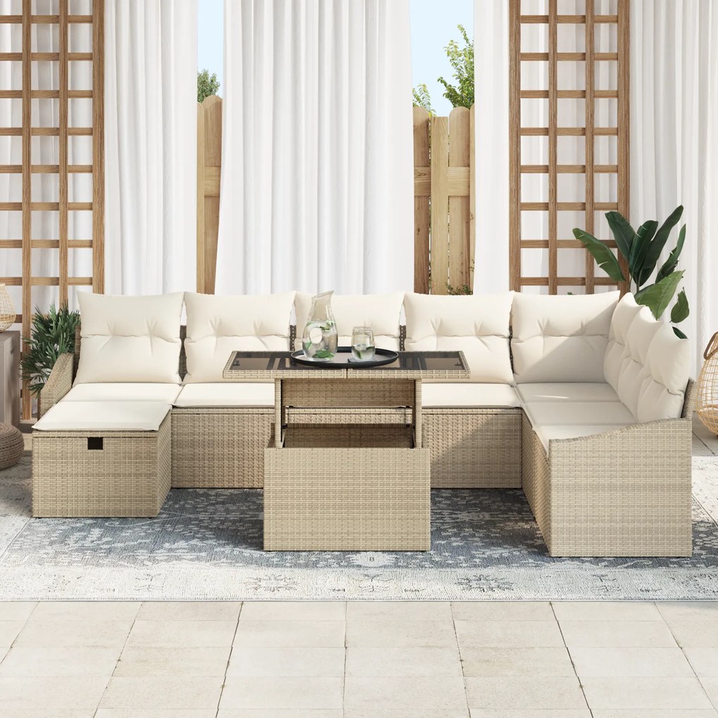 Conjunto de Sofá de Jardim 9 Peças com Cushions Bege em Rattan Polieti