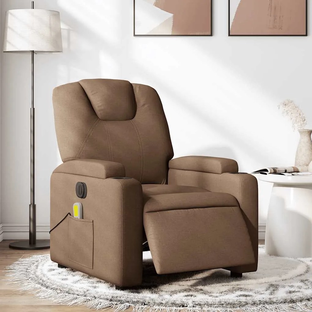 vidaXL Poltrona de massagens reclinável elétrica tecido castanho