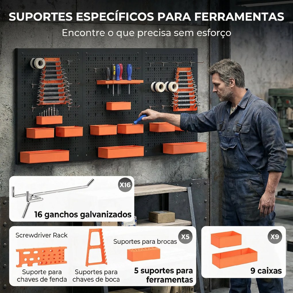 Organizador de Ferramentas de Parede de 33 Peças 120x60 cm com Ganchos Contentores e Prateleiras Preto e Laranja