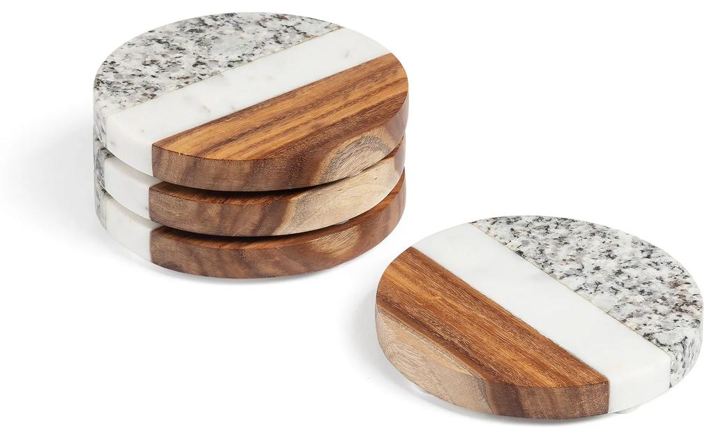 Kave Home - Conjunto Cataleg 4 descansos de copos redondos mármore branco cinza madeira de mangueira