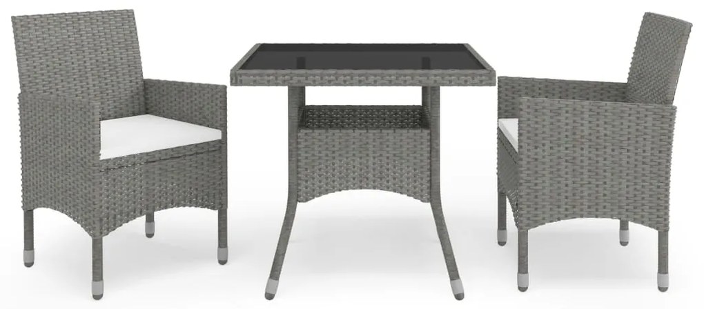 3058309 vidaXL 3 pcs conjunto de jantar para jardim vime PE e vidro cinzento