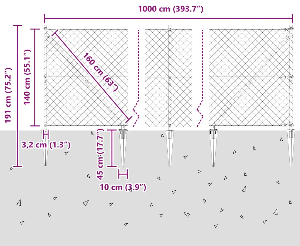 Cerca de Cadeia com 7 Postes de Estaca 1,4x10 m Aço Galvanizado