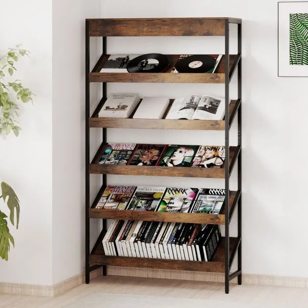 Estante de 6 níveis 90 x 30 x 161 cm inclinada com estrutura metálica resistente de madeira Castanho