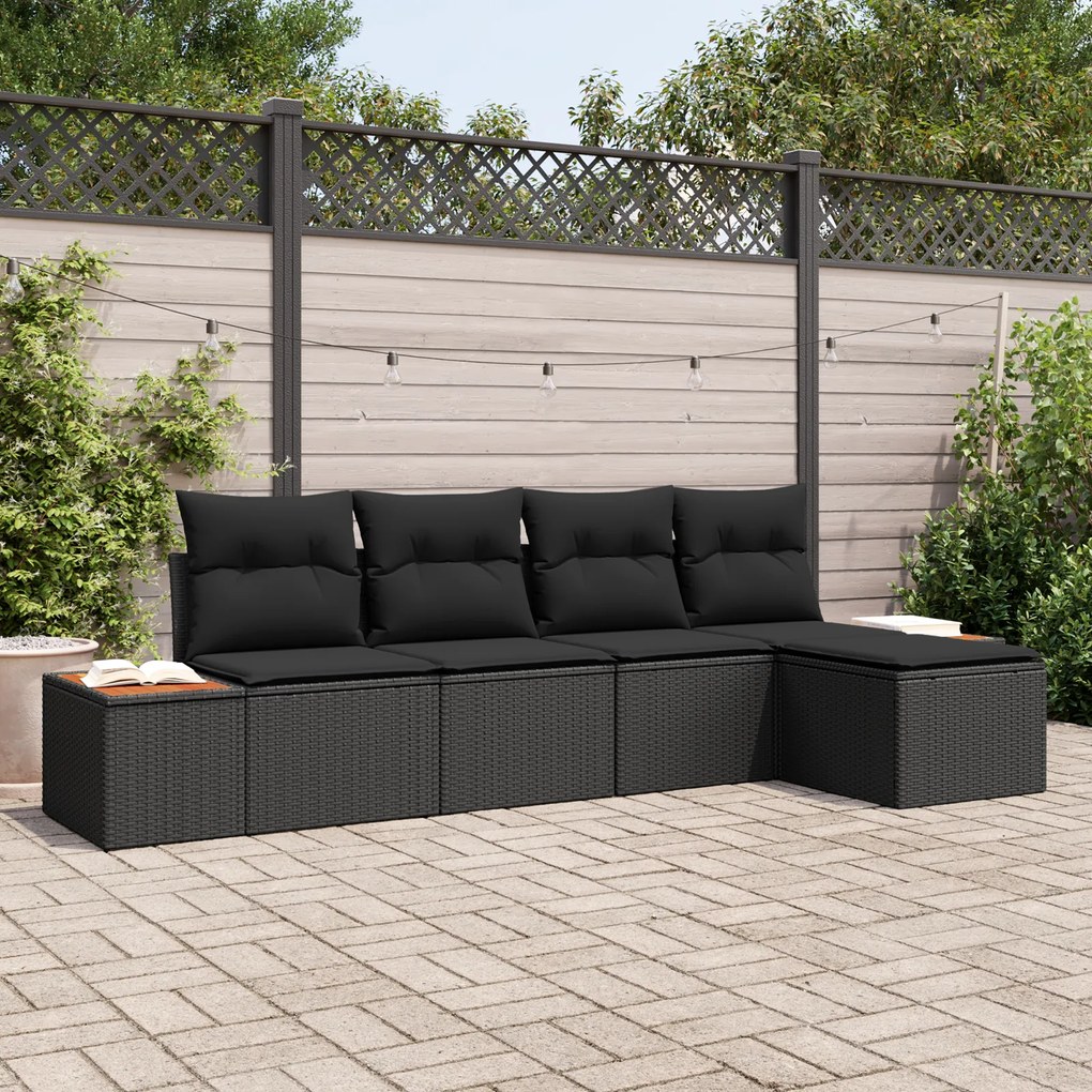 vidaXL Conjunto de Sofá de Jardim de 5 Peças com Almofadas Preto Rattan Poliéster Acácia