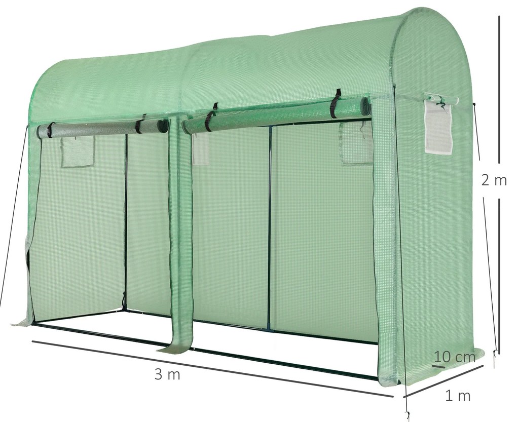 Estufa Jardim Tipo Túnel com 4 janelas e 2 portas para Plantas de PE de aço 300x100x200 cm Verde
