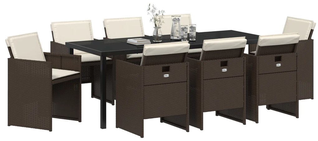 Conjunto de Jantar de Jardim vidaXL 9 Peças com Almofadas Castanho Vim