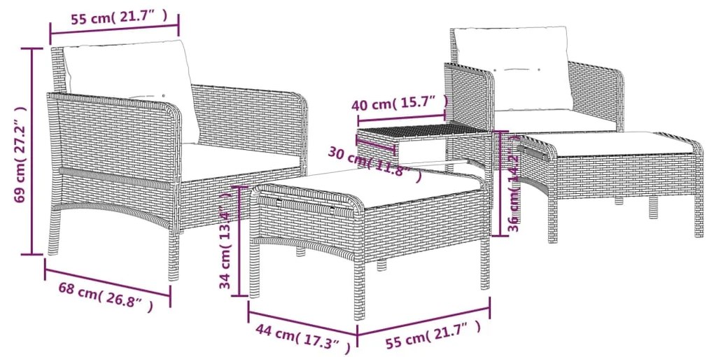 5 pcs conjunto lounge de jardim c/ almofadões vime PE preto