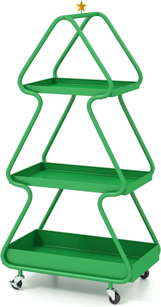 Carrinho de armazenamento em forma de árvore de Natal com 3 níveis, estrela, estrutura metálica e rodas verde