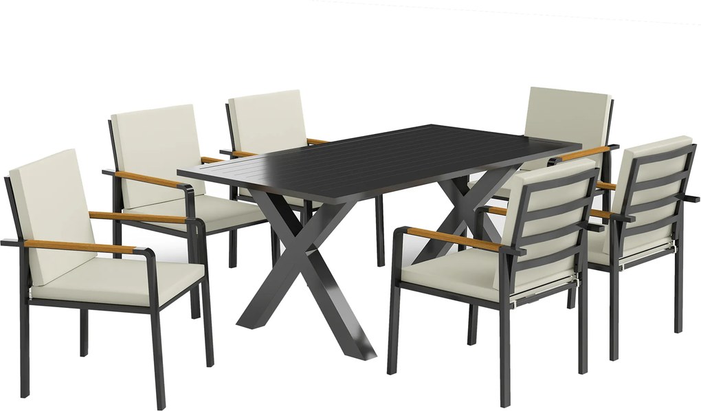 Outsunny Conjunto de móveis para jardim para 6 pessoas, 6 cadeiras, 1 mesa, resistente às intempéries, 175 cm x 92 cm x 73 cm, Preto + Cinza | Aosom Portugal