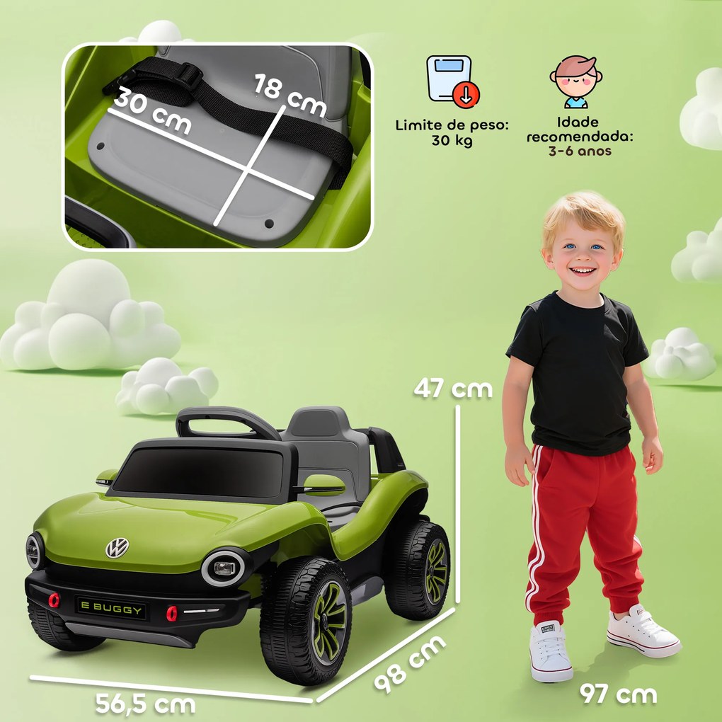 Carro Elétrico para Crianças Volkswagen E-Buggy Bateria 12V com Controlo Remoto 2,4 G Faróis LED Música USB 98x56,5x47 cm Verde