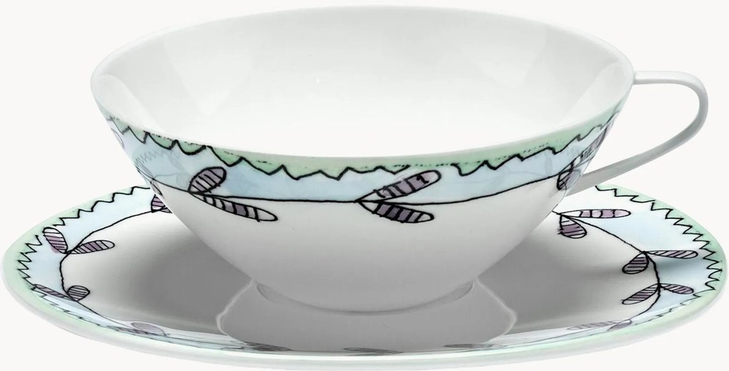 Chávenas de chá e pires em porcelana Fine Bone China Midnight Flowers, conjunto de 2