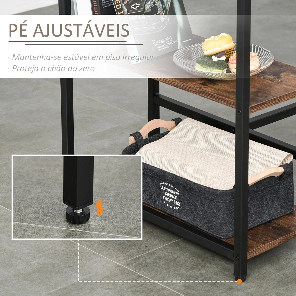 Conjunto de mesa de bar e 2 bancos com apoio para os pés e prateleiras de 3 níveis 109x60x100 cm castanho rústico