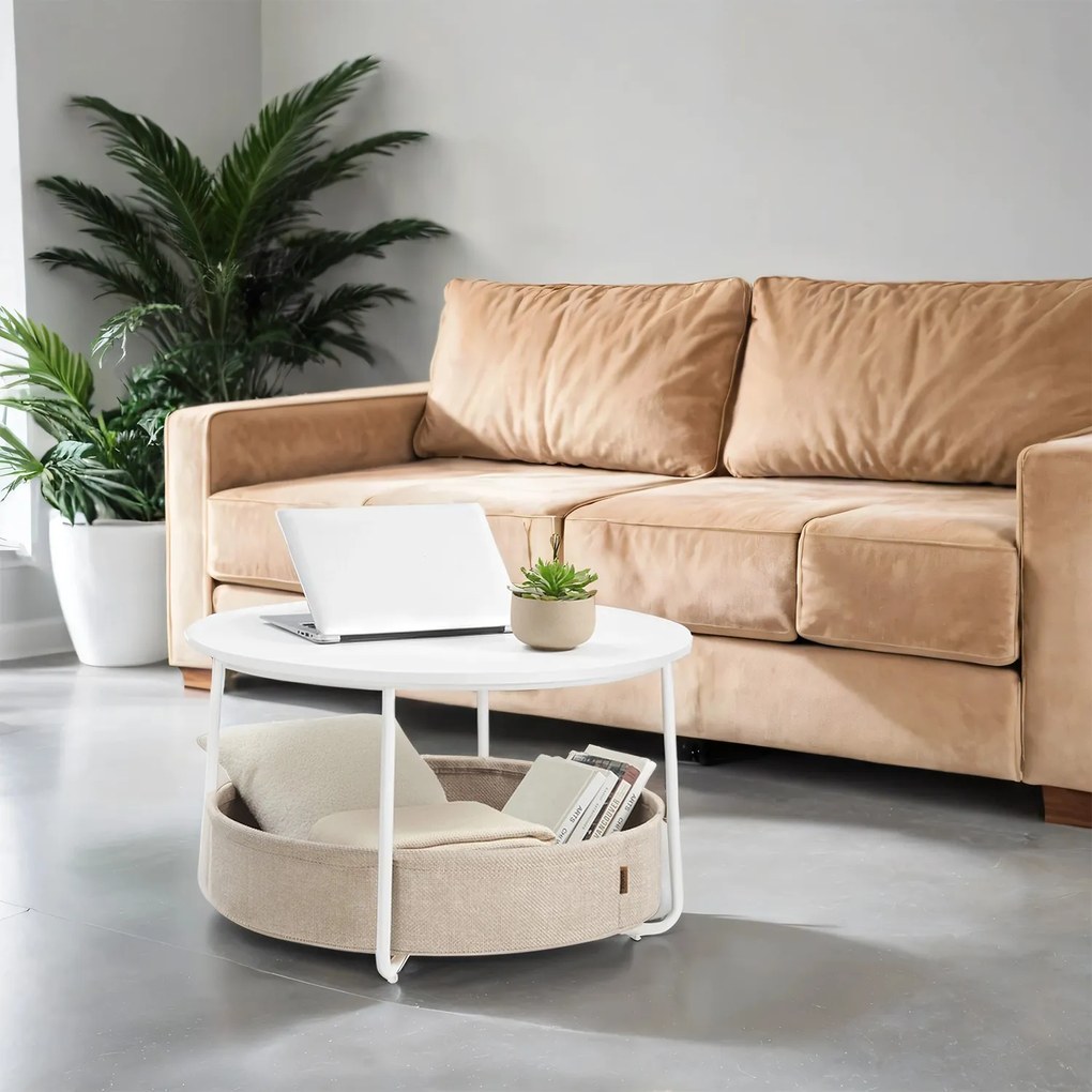 Mesa de centro 75 cm de diâmetro com cesto em tecido branco mate e castanho-camel