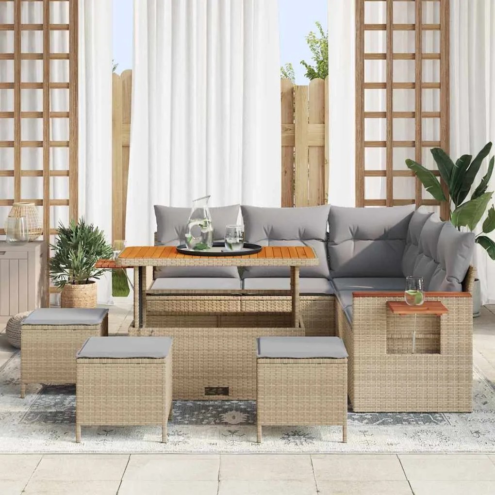 Conjunto de Sofás de Jardim vidaXL 9 Peças com Almofadas Bege Vime PE