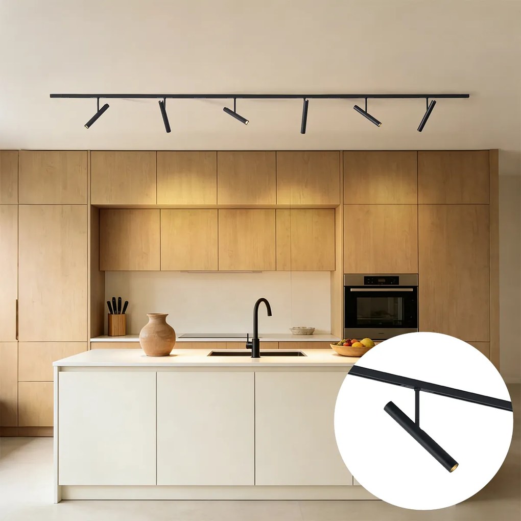 Sistema de iluminação de trilho moderno preto com 6 focos pretos monofásicos - Slimline Avery
