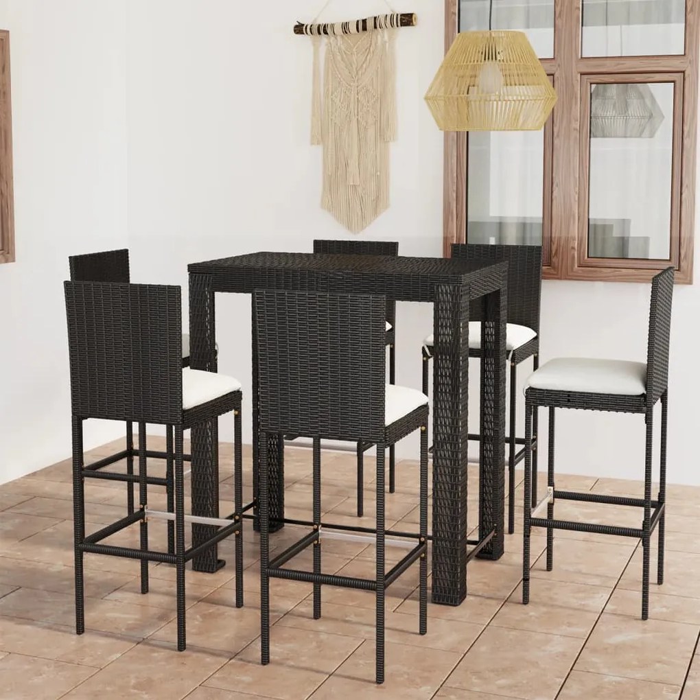 vidaXL 7 pcs conjunto de bar p/ exterior c/ almofadões vime PE preto