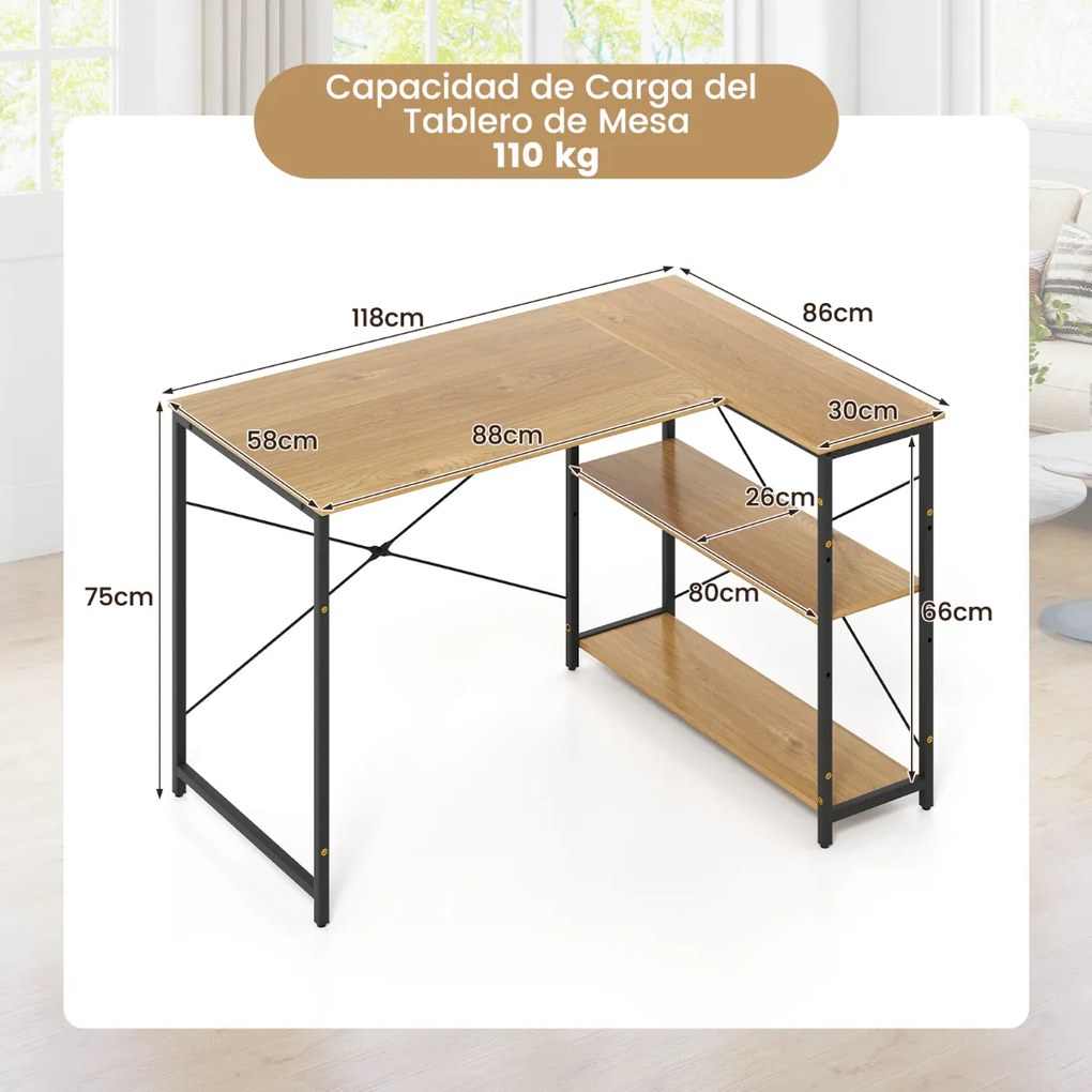 Secretária em forma de L com prateleira ajustável com estrutura metálica resistente para escritório em casa Castanho e Preta