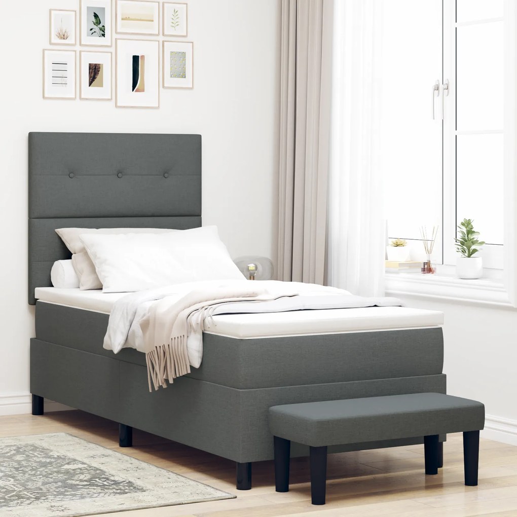Cama Box Spring com Colchão e Banco Cinza Escuro 80x200 cm Tecido