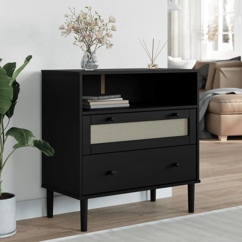 vidaXL Aparador SENJA aspeto de vime 80x40x80 cm pinho maciço preto