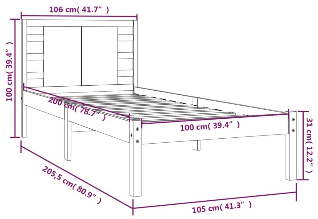 Estrutura de cama 100x200 cm pinho maciço castanho mel