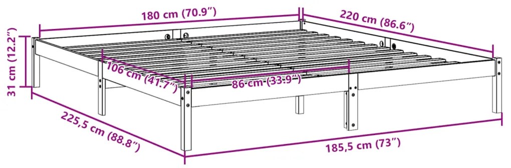 Cama extra longa sem colchão 180x220 cm pinho maciço branco