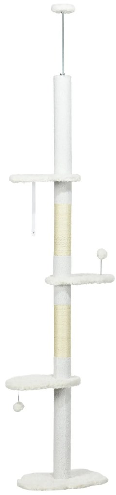 PawHut Arranhador para Gatos do Chão ao Teto com Altura Ajustável e 3 Plataformas em Forma de Nuvem 48x32x225-255 cm Branco