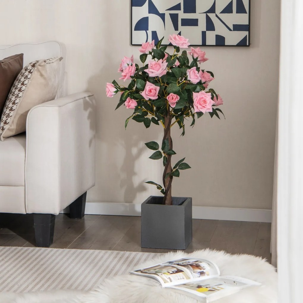 Árvore de flor artificial de 93 cm, planta floral falsa com rosas, tronco de madeira, interior e exterior, escritório e decoração de entrada, rosa