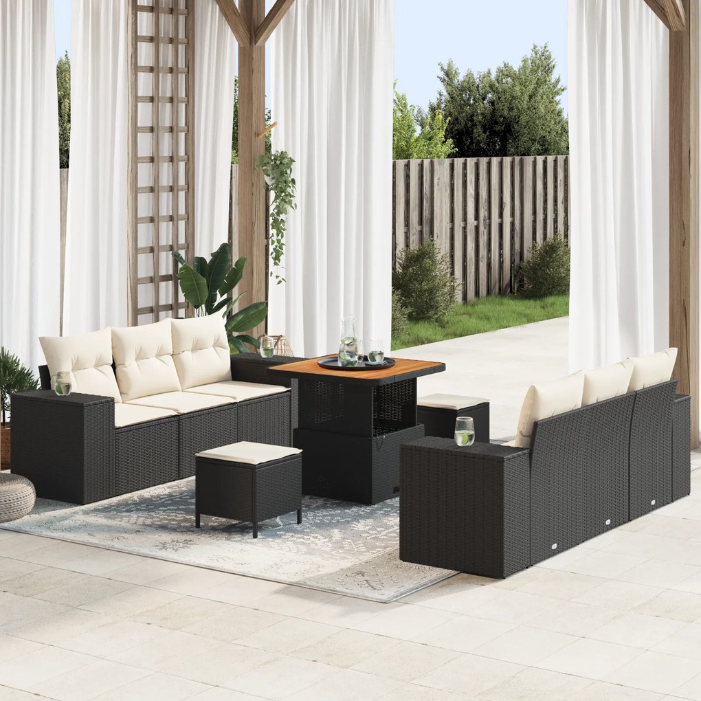 Conjunto de Sofá para Jardim vidaXL 9 Peças com Almofadas Preto Vime P