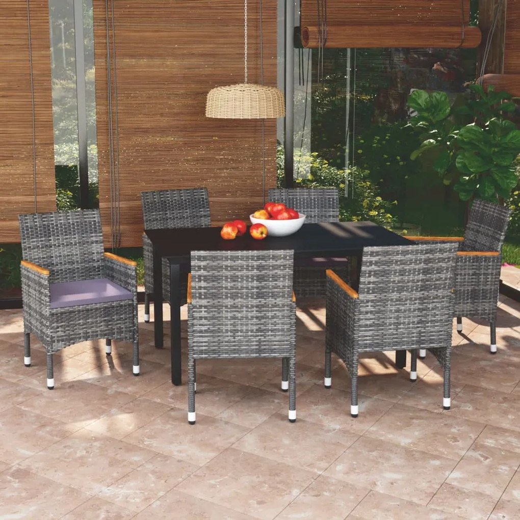 vidaXL 7 pcs conjunto de jantar p/ jardim c/ almofadões vime PE cinza