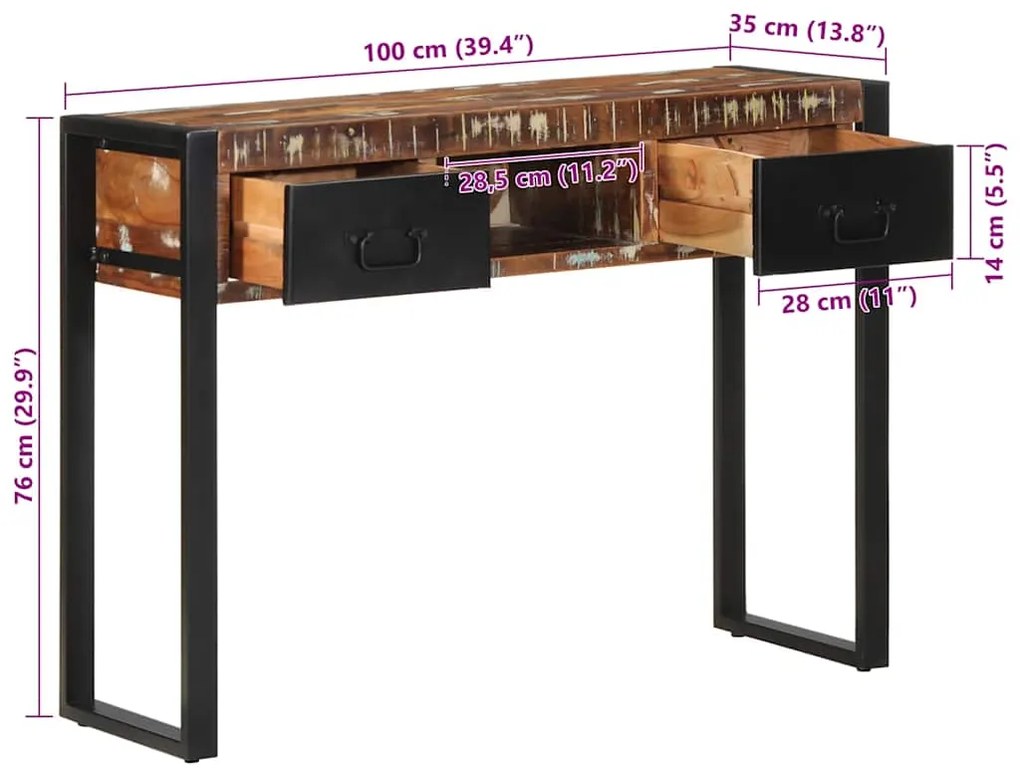 Mesa consola multicor 100x35x75 cm madeira maciça recuperada