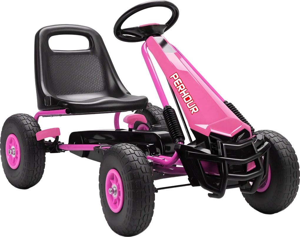 AIYAPLAY Gokart a Pedal para Crianças, Assento Ajustável em Altura, Rodas EVA, Freio, Embreagem, 3-8 anos, Rosa | Aosom Portugal