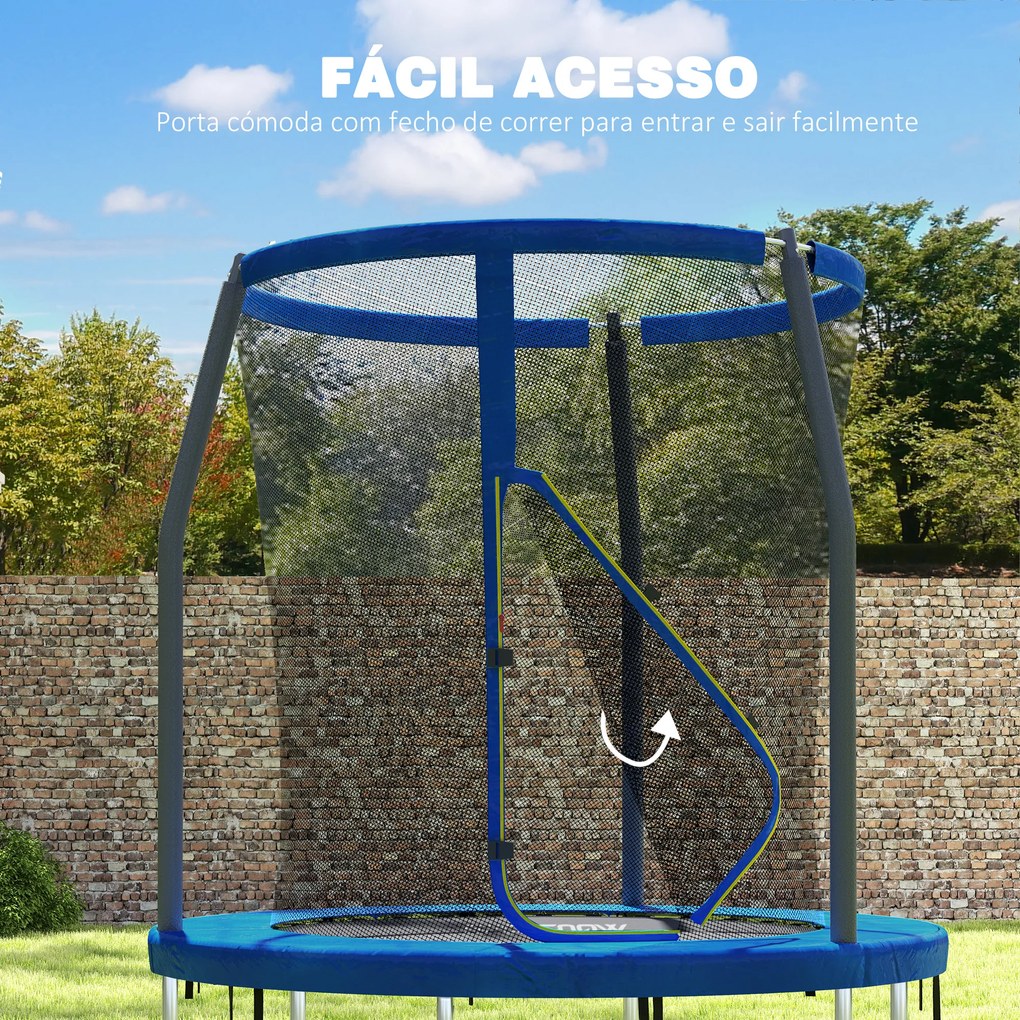 Trampolim Infantil Ø183 cm, para Crianças com Rede de Segurança Barras Acolchoadas Capa de Segurança e Estrutura de Aço Azul