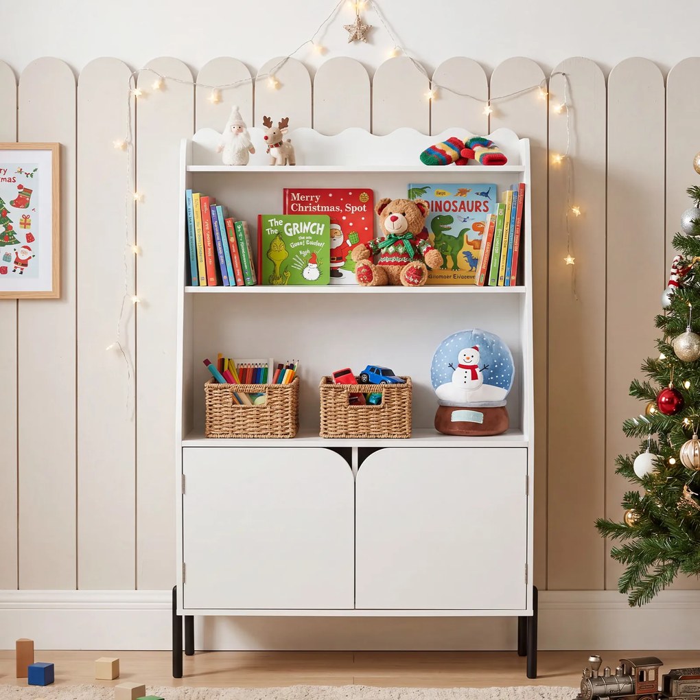 Estante de Arrumação Infantil, 80 x 30 x 121 cm, 3 Estantes Abertas e 2 Portas, Branco