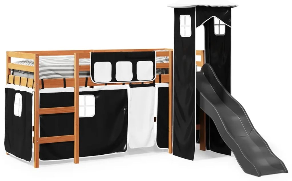 Cama alta criança c/ torre 90x200 cm pinho maciço branco/preto