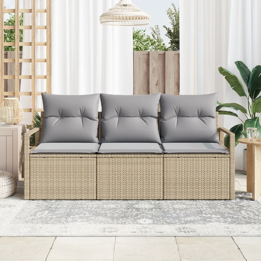Conjunto de Sofá de Jardim vidaXL de 3 Peças com Almofadas Bege Rattan
