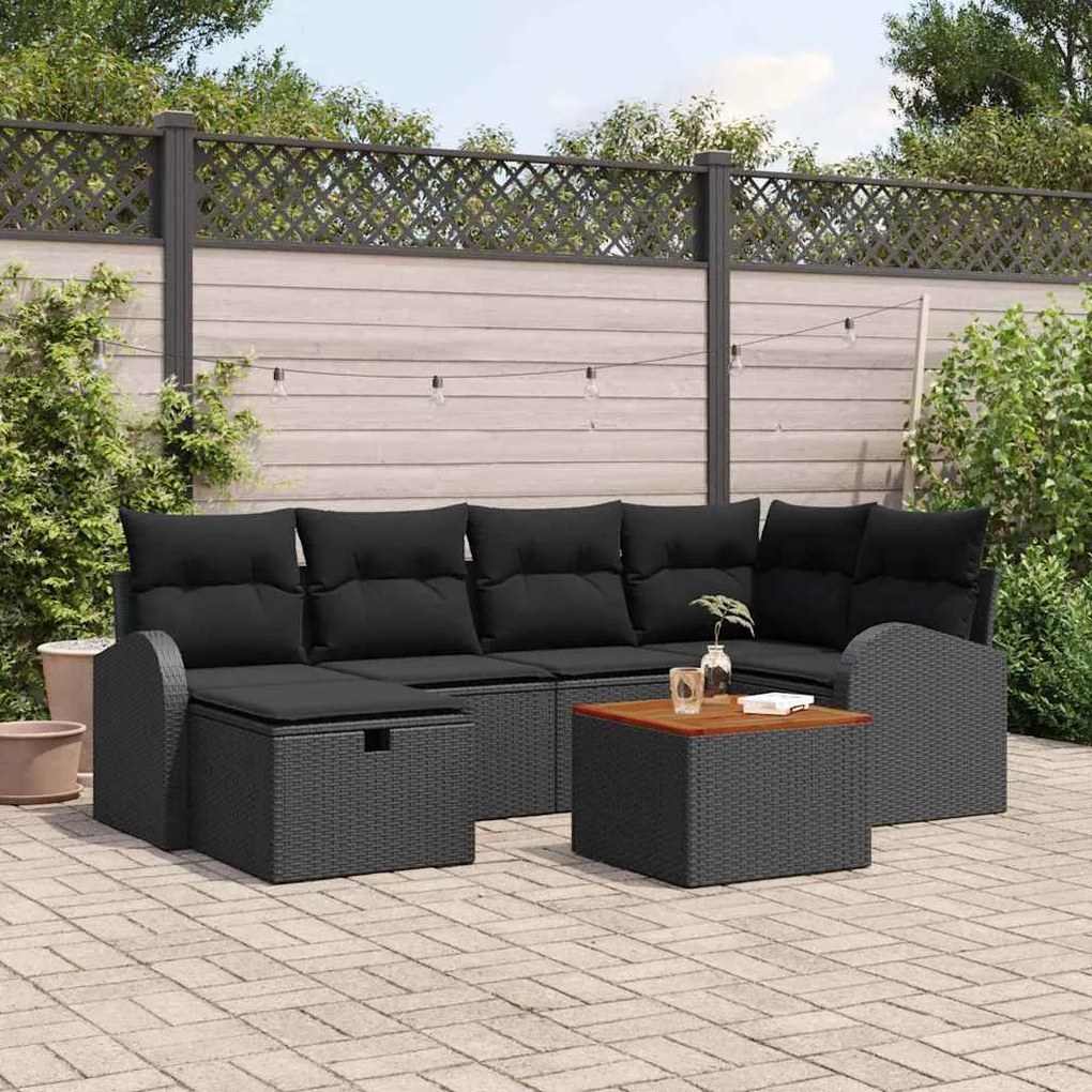 vidaXL Conjunto de Sofá de Jardim 7 Peças com Almofadas de Rattan Poliéster Preto