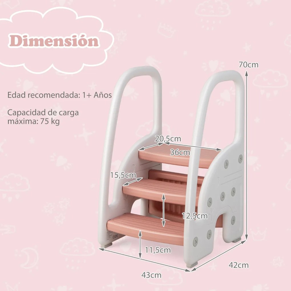 Banco de 3 degraus para crianças com alças de segurança Degraus antiderrapantes para cozinha e banheiro 43 x 42 x 70 cm Rosa