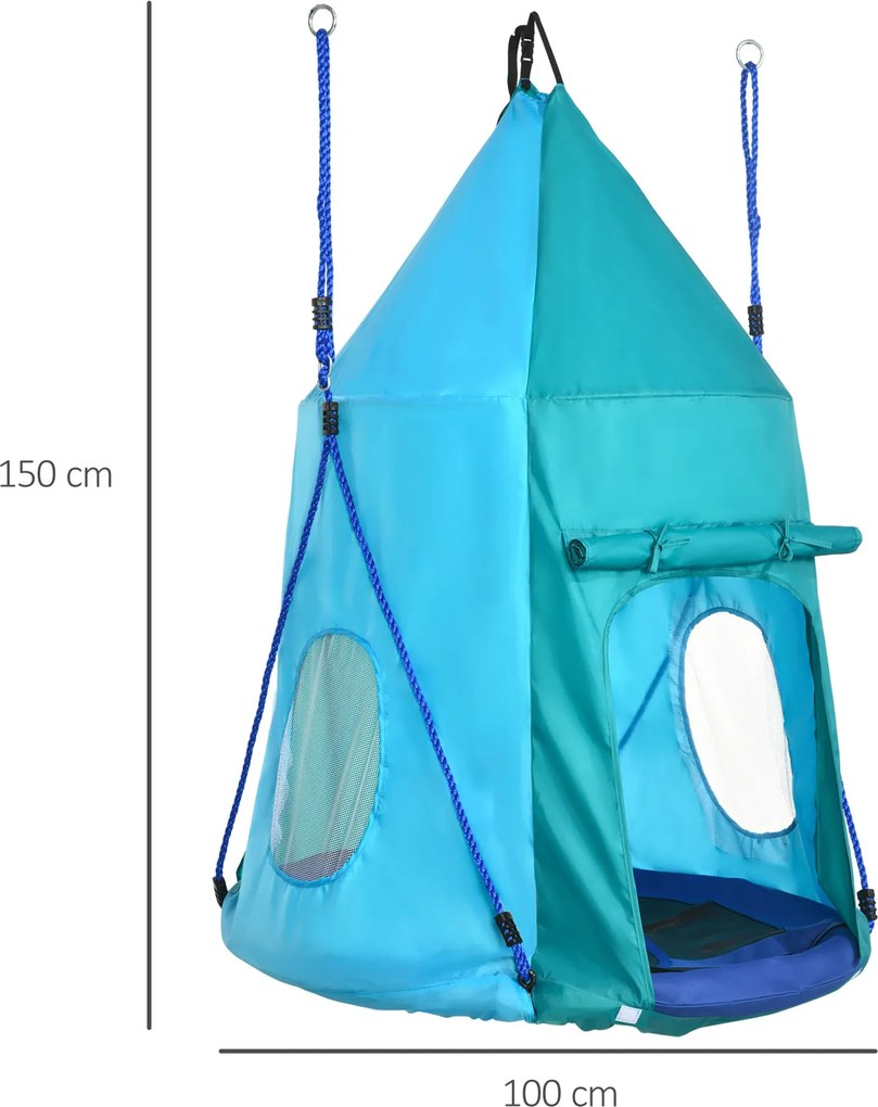 Baloiço em forma de ninho de pássaro com tenda amovível, Ø 100 cm, carga máxima de 150 kg, corda ajustável em altura de 120 a 180 cm, azul