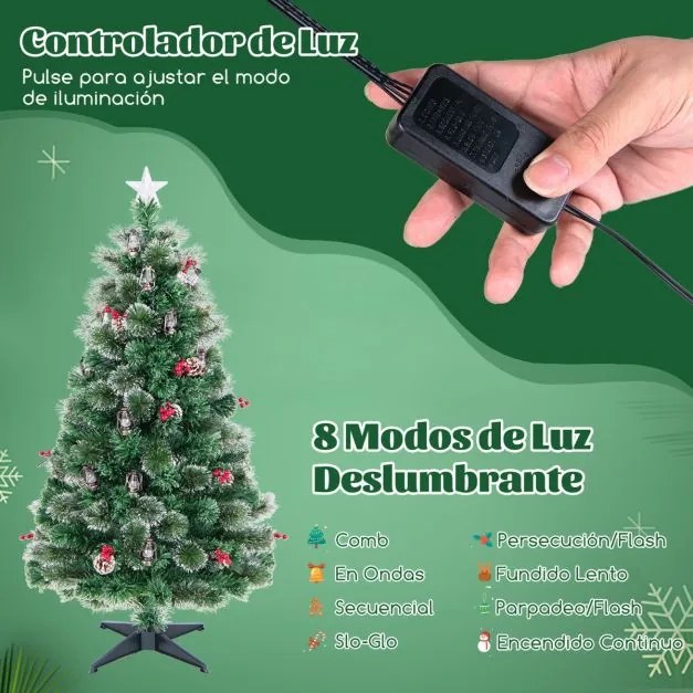 Árvore de Natal artificial de 150 cm com 8 modos de iluminação 49 luzes LED quentes Fibra ótica Agulhas de pinheiro Pinhas Bagas vermelhas