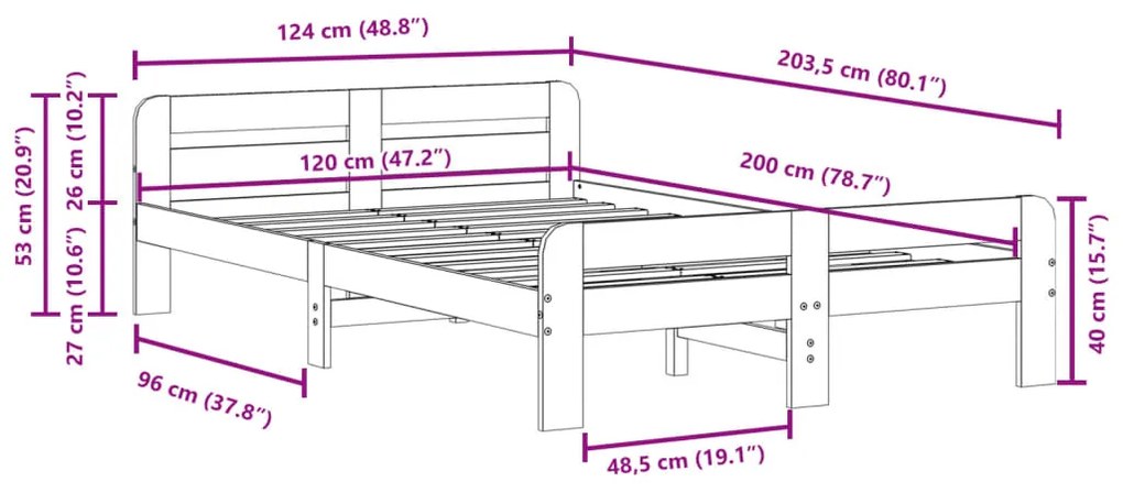 Cama sem colchão 120x200 cm madeira pinho maciça castanho-mel