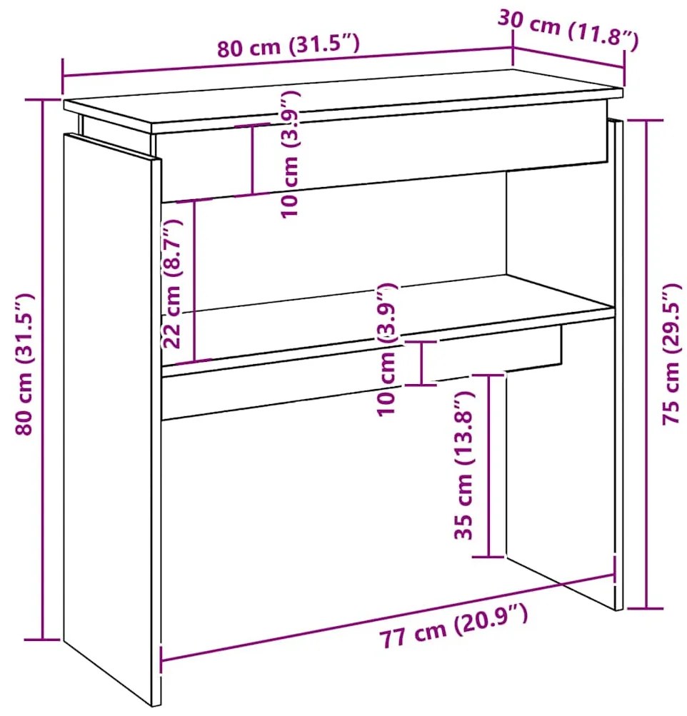 Mesa consola 80x30x80 cm derivados de madeira carvalho fumado