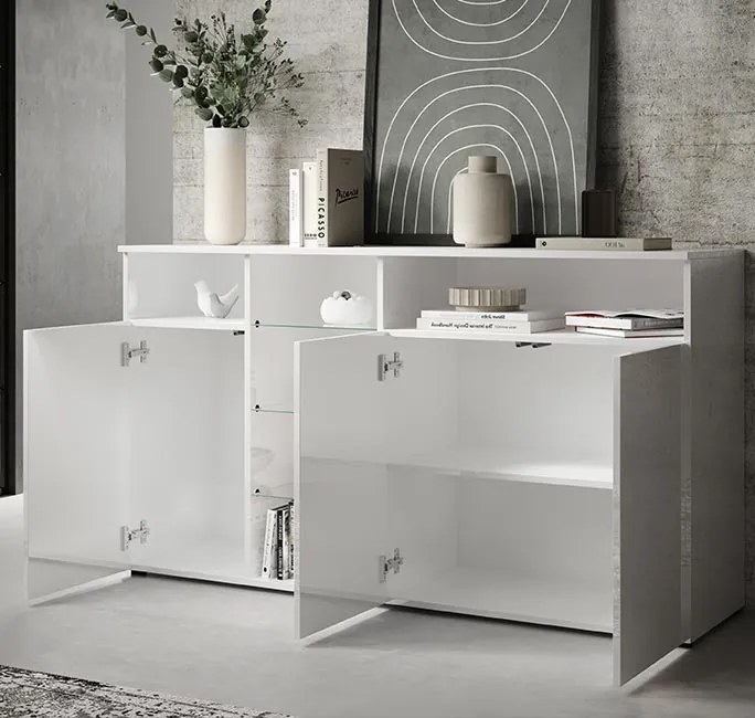 Aparador "Melinda" com Luzes LED - 150x82x40 cm - Branco Brilhante - D