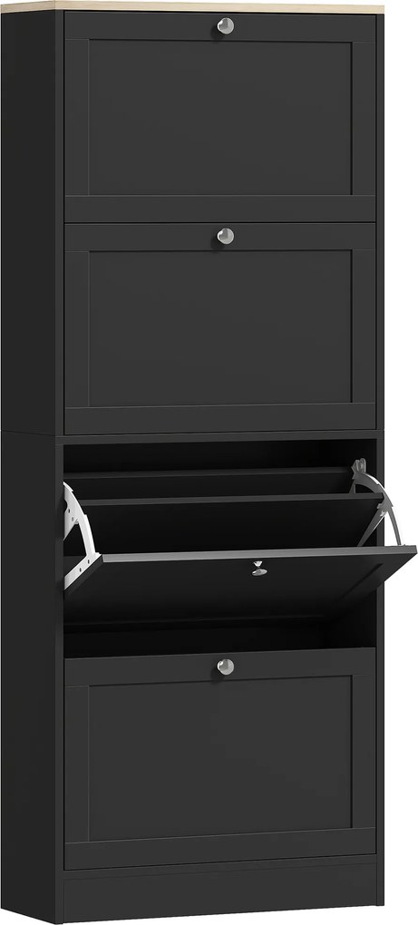 HOMCOM Sapateira 24 Pares Armário de Sapatos com 4 Gavetas Rebatíveis Prateleiras Ajustáveis 60x23,5x151 cm Preto | Aosom Portugal