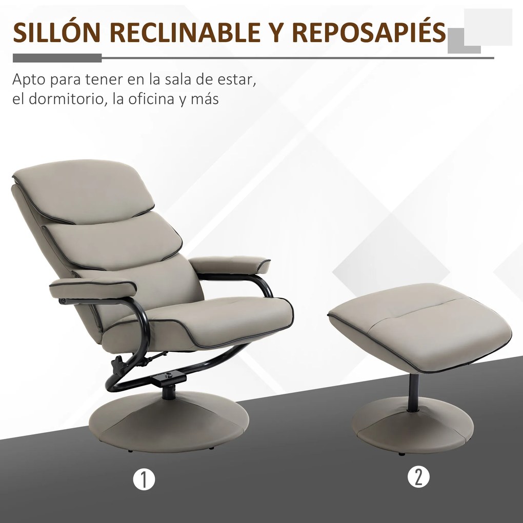 HOMCOM Poltrona Relax com Banco para Apoiar os Pés Poltrona Relax Giratória Reclinável em até 135° Estofada em PU 75x84x100cm Cinza