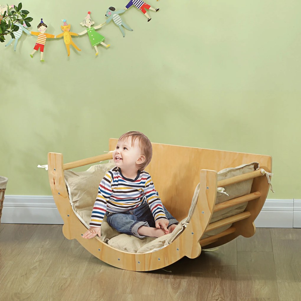 Arco de escalada, cadeira de baloiço e mesa de jogos com almofada, 3 em 1, em madeira natural, para crianças dos 18 aos 48 meses
